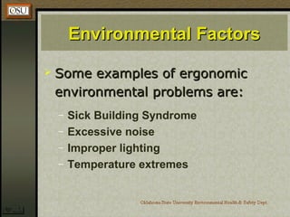 Environmental FactorsEnvironmental Factors
 Some examples of ergonomicSome examples of ergonomic
environmental problems are:environmental problems are:
– Sick Building Syndrome
– Excessive noise
– Improper lighting
– Temperature extremes
 