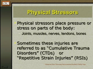 Physical StressorsPhysical Stressors
 Physical stressors place pressure orPhysical stressors place pressure or
stress on parts of the body:stress on parts of the body:
– Joints, muscles, nerves, tendons, bonesJoints, muscles, nerves, tendons, bones
 Sometimes these injuries areSometimes these injuries are
referred to as “Cumulative Traumareferred to as “Cumulative Trauma
Disorders” (CTDs) orDisorders” (CTDs) or
“Repetitive Strain Injuries” (RSIs)“Repetitive Strain Injuries” (RSIs)
 