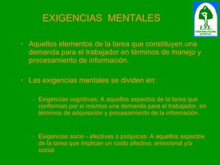 Aquellos elementos de la tarea que constituyen una demanda para el trabajador en términos de manejo y procesamiento de información. Las exigencias mentales se dividen en: Exigencias cognitivas: A aquellos aspectos de la tarea que conforman por sí mismos una demanda para el trabajador, en términos de adquisición y procesamiento de la información. Exigencias socio - afectivas o psíquicas: A aquellos aspectos de la tarea que implican un costo afectivo, emocional y/o social. EXIGENCIAS  MENTALES 
