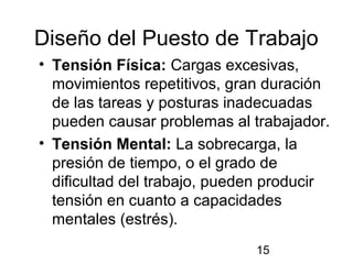 15
Diseño del Puesto de Trabajo
• Tensión Física: Cargas excesivas,
movimientos repetitivos, gran duración
de las tareas y posturas inadecuadas
pueden causar problemas al trabajador.
• Tensión Mental: La sobrecarga, la
presión de tiempo, o el grado de
dificultad del trabajo, pueden producir
tensión en cuanto a capacidades
mentales (estrés).
 