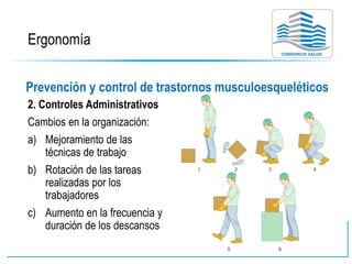 Ergonomía
Prevención y control de trastornos musculoesqueléticos
2. Controles Administrativos
Cambios en la organización:
a) Mejoramiento de las
técnicas de trabajo
b) Rotación de las tareas
realizadas por los
trabajadores
c) Aumento en la frecuencia y
duración de los descansos
 