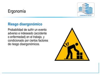 Ergonomía
Riesgo disergonómico
Probabilidad de sufrir un evento
adverso e indeseado (accidente
o enfermedad) en el trabajo, y
condicionado por ciertos factores
de riesgo disergonómicos.
 