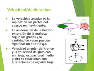 Velocidad/Aceleración
 La velocidad angular es la
rapidez de las partes del
cuerpo en movimiento.
 La aceleración de la flexión-
extensión de la muñeca
según los grados y la
cantidad de veces pueden
significar un alto riesgo.
 Velocidad angular del tronco
y la velocidad de giros con
un riesgo ocupacional medio
y alto se relacionan con
alteraciones de espalda baja.
 