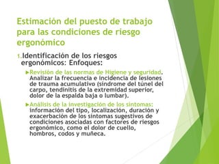 Estimación del puesto de trabajo
para las condiciones de riesgo
ergonómico
1.Identificación de los riesgos
ergonómicos: Enfoques:
Revisión de las normas de Higiene y seguridad.
Analizar la frecuencia e incidencia de lesiones
de trauma acumulativo (síndrome del túnel del
carpo, tendinitis de la extremidad superior,
dolor de la espalda baja o lumbar).
Análisis de la investigación de los síntomas:
información del tipo, localización, duración y
exacerbación de los síntomas sugestivos de
condiciones asociadas con factores de riesgos
ergonómico, como el dolor de cuello,
hombros, codos y muñeca.
 