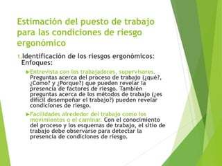 Estimación del puesto de trabajo
para las condiciones de riesgo
ergonómico
1.Identificación de los riesgos ergonómicos:
Enfoques:
Entrevista con los trabajadores, supervisores.
Preguntas acerca del proceso de trabajo (¿qué?,
¿Como? y ¿Porque?) que pueden revelar la
presencia de factores de riesgo. También
preguntas acerca de los métodos de trabajo (¿es
difícil desempeñar el trabajo?) pueden revelar
condiciones de riesgo.
Facilidades alrededor del trabajo como los
movimientos o el caminar. Con el conocimiento
del proceso y los esquemas de trabajo, el sitio de
trabajo debe observarse para detectar la
presencia de condiciones de riesgo.
 