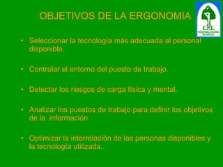 OBJETIVOS DE LA ERGONOMIA Seleccionar la tecnología más adecuada al personal disponible. Controlar el entorno del puesto de trabajo. Detectar los riesgos de carga física y mental. Analizar los puestos de trabajo para definir los objetivos de la  información. Optimizar la interrelación de las personas disponibles y la tecnología utilizada.. 