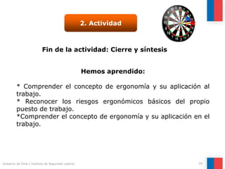 Gobierno de Chile | Instituto de Seguridad Laboral 10
Fin de la actividad: Cierre y síntesis
2. Actividad
Hemos aprendido:
• Conocer y valorar los principios del autocuidado y la
promoción de la salud en el trabajo.
• Saber cómo autoevaluarse (física, emocional y
cognitivamente), y desarrollar un plan de autocuidado.
• Identificar el tipo de riesgos presentes en el trabajo y sus
principales consecuencias.
Hemos aprendido:
* Comprender el concepto de ergonomía y su aplicación al
trabajo.
* Reconocer los riesgos ergonómicos básicos del propio
puesto de trabajo.
*Comprender el concepto de ergonomía y su aplicación en el
trabajo.
 