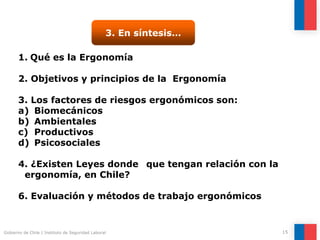 Gobierno de Chile | Instituto de Seguridad Laboral 15
3. En síntesis…
1. Qué es la Ergonomía
2. Objetivos y principios de la Ergonomía
3. Los factores de riesgos ergonómicos son:
a) Biomecánicos
b) Ambientales
c) Productivos
d) Psicosociales
4. ¿Existen Leyes donde que tengan relación con la
ergonomía, en Chile?
6. Evaluación y métodos de trabajo ergonómicos
 