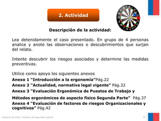 Gobierno de Chile | Instituto de Seguridad Laboral 8
2. Actividad
Descripción de la actividad:
Lea detenidamente el caso presentado. En grupo de 4 personas
analice y anote las observaciones o descubrimientos que surjan
del relato.
Intente descubrir los riesgos asociados y determine las medidas
preventivas.
Utilice como apoyo los siguientes anexos
Anexo 1 “Introducción a la ergonomía”Pág.22
Anexo 2 “Actualidad, normativa legal vigente” Pág.32
Anexo 3 “Evaluación Ergonómica de Puestos de Trabajo y
Métodos ergonómicos de aspecto físico Segunda Parte” Pág.37
Anexo 4 “Evaluación de factores de riesgos Organizacionales y
cognitivos” Pág.42
 