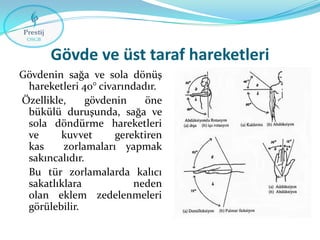 Gövde ve üst taraf hareketleri
Gövdenin sağa ve sola dönüş
hareketleri 40° civarındadır.
Özellikle,
gövdenin
öne
bükülü duruşunda, sağa ve
sola döndürme hareketleri
ve
kuvvet
gerektiren
kas
zorlamaları yapmak
sakıncalıdır.
Bu tür zorlamalarda kalıcı
sakatlıklara
neden
olan eklem zedelenmeleri
görülebilir.

 