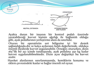 Ayakta duran bir insanın bir kontrol pedalı üzerinde
yaratabileceği kuvvet kişinin ağırlığı ile bağlantılı olduğu
gibi, ayak pedallarının yerleştirme alanı da sınırlıdır.
Oturan bir operatörün sırt bölgesine iyi bir destek
sağlandığında,diz ve kalça açılarının farklı değerlerinde, oldukça
önemli ölçülerde kuvvet uygulanabilir. Örneğin; otururken, dizin
165°'lik bir açı içinde tutuluşunda, ayak pedalına 350 kg kadar
kuvvet uygulanabilmektedir. Dizin açısı değiştikçe bu kuvvet
azalır.
Hareket alanlarının sınırlanmasında, kemiklerin konumu ve
eklem çevresindeki kaslar ve bağlar önemli rol oynar.

 