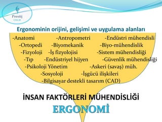 Ergonominin orijini, gelişimi ve uygulama alanları
-Anatomi
-Antropometri
-Endüstri mühendisli
-Ortopedi
-Biyomekanik
-Biyo-mühendislik
-Fizyoloji -İş fizyolojisi
-Sistem mühendisliği
-Tıp
-Endüstriyel hijyen
-Güvenlik mühendisliği
-Psikoloji Yönetim
-Askeri (savaş) müh.
-Sosyoloji
-İşgücü ilişkileri
-Bilgisayar destekli tasarım (CAD)

İNSAN FAKTÖRLERİ MÜHENDİSLİĞİ

 