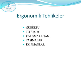 Ergonomik Tehlikeler
 GÜRÜLTÜ
 TİTREŞİM

 ÇALIŞMA ORTAMI
 TAŞIMALAR
 EKİPMANLAR

 