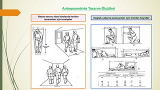Değişik çalışma pozisyonları için önerilen boyutlar
Hacim sorunu olan binalarda koridor
tasarımları için tavsiyeler
Antropometride Tasarım Ölçütleri
 