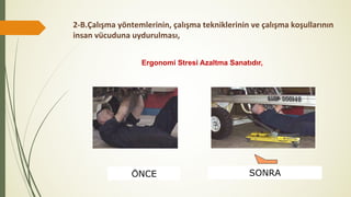 2-B.Çalışma yöntemlerinin, çalışma tekniklerinin ve çalışma koşullarının
insan vücuduna uydurulması,
SONRAÖNCE
Ergonomi Stresi Azaltma Sanatıdır,
 
