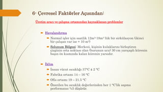  Havalandırma
 Normal işler için saatlik 12m3-18m3 ‘lük bir sirkülasyon (ikinci
bir çalışan var ise + 10 m3)
 Solunum Bölgesi: Merkezi, kişinin kulaklarını birleştiren
çizginin orta noktası olan (burunun ucu) 30 cm yarıçaplı kürenin
başın ön kısmında kalan kürenin yarsıdır.
 İklim
 İnsan vücut sıcaklığı 37°C ± 2 °C
 Fabrika ortamı 14 – 16 °C
 Ofis ortamı 19 – 21.5 °C
 Önerilen bu sıcaklık değerlerinden her 1 °C’lik sapma
performansı %5 düşürür.
Üretim aracı ve çalışma ortamından kaynaklanan problemler
6- Çevresel Faktörler Açısından:
 