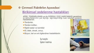 Birikimsel zedelenme hastalıkları
İş kaybı
İşten kalma
AĞIR, TEKRARLANAN ya da SÜREKLİ GÜÇ HARCAMASI gerektiren
iş aktivitelerinin yol açtığı, ağırlaştırdığı kas iskelet sistemi
hastalıklarıdır.
Tendonlar,
Tendon kılıfları,
İlişkili kaslar ve kemikler
El, bilek, dirsek, omuz,
Boyun, bel ve sırtı ilgilendiren hastalıklardır.
6- Çevresel Faktörler Açısından:
 