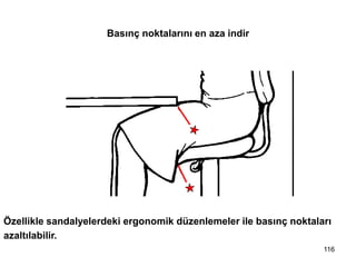 Özellikle sandalyelerdeki ergonomik düzenlemeler ile basınç noktaları
azaltılabilir.
Basınç noktalarını en aza indir
116
 