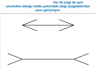 Müller-Lyler yanılsaması: Her iki çizgi de aynı
uzunlukta olduğu halde yukarıdaki çizgi aşağıdakinden
uzun görünüyor.
140
 