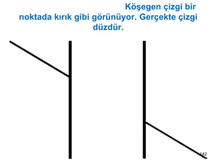 Poggendorf yanılsaması: Köşegen çizgi bir
noktada kırık gibi görünüyor. Gerçekte çizgi
düzdür.
142
 