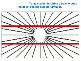 Wundt yanılsaması: Yatay çizgiler birbirine paralel olduğu
halde ilk bakışta öyle görülmüyor.
143
 