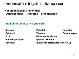 ERGONOMİ İLE İLİŞKİLİ BİLİM DALLARI
Yakından ilişkili 3 temel dal:
Antropometri Fizyoloji Biyomekanik
İlgili diğer bilim dal ve şubeleri:
Anatomi Psikoloji İstatistik
Ortopedi Tasarım Enformasyon
Fizik Mühendislik Bilimleri
Endüstriyel hijyen İşletme / Yönetim
Sosyoloji Bilgisayar destekli tasarım (CAD)
18
 