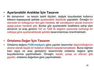 • Ayarlanabilir Aralıklar İçin Tasarım
• Bir donanımın ve tesisin belirli ölçüleri, değişik boyutlardaki kullanıcı
kitlesini kapsayacak şekilde ayarlanabilir ölçülerde yapılabilir. Örneğin bir
otomobil ön koltuğunun ileri-geri hareketi, bir sandalyenin oturak kısmının
aşağı-yukarı hareketi gibi. Bunlar gibi ayarlanabilir özelliklere sahip olan
donanım ve araç gerecin %5 ve %95 lik dağılım içerisinde herhangi bir
noktaya göre ayarlanabilecek şekilde tasarımlanması önerilmektedir.
• Ortalama Değer İçin Tasarım
• Ortalama değere (%50;medyan) göre yapılan tasarımlar düşünüldüğünün
aksine olarak büyük bir kullanıcı kitlesini karşılamamaktadır. Buna rağmen
bazı eşya ve araç gereçlerin tasarımında ortalama değere göre
boyutlandırma yapılmaktadır. Örneğin; kazak, çorap ve eldiven gibi
giysiler, ortalama değerlere göre yapılmaktadır.
28
 