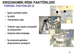 42
• İşyeri yerleşim planı
• İş yükü
• Tekrarlayan işler
• Yüksek veya alçak seviyedeki
iş istasyonları
• Çalışma alanı boşluğu
• İş sırasında gereken
ekipmanların yerleşimi
ERGONOMİK RİSK FAKTÖRLERİ
FİZİKSEL FAKTÖRLER (I)
 