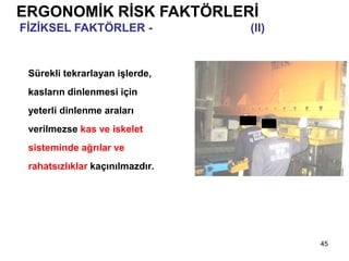 45
Sürekli tekrarlayan işlerde,
kasların dinlenmesi için
yeterli dinlenme araları
verilmezse kas ve iskelet
sisteminde ağrılar ve
rahatsızlıklar kaçınılmazdır.
ERGONOMİK RİSK FAKTÖRLERİ
FİZİKSEL FAKTÖRLER - Tekrarlayan İşler (II)
 