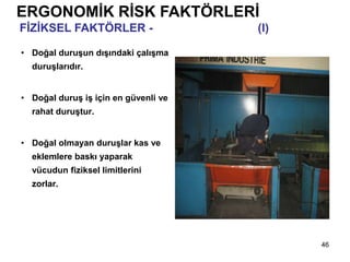 46
• Doğal duruşun dışındaki çalışma
duruşlarıdır.
• Doğal duruş iş için en güvenli ve
rahat duruştur.
• Doğal olmayan duruşlar kas ve
eklemlere baskı yaparak
vücudun fiziksel limitlerini
zorlar.
ERGONOMİK RİSK FAKTÖRLERİ
FİZİKSEL FAKTÖRLER - Biçimsiz Duruşlar (I)
 