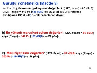 Gürültü Yönetmeliği (Madde 5)
a) En düşük maruziyet eylem değerleri: (LEX, 8saat) = 80 dB(A)
veya (Ptepe) = 112 Pa [135 dB(C) re. 20 µPa] (20 µPa referans
alındığında 135 dB (C) olarak hesaplanan değer).
b) En yüksek maruziyet eylem değerleri: (LEX, 8saat) = 85 dB(A)
veya (Ptepe) = 140 Pa [137 dB(C) re. 20 µPa].
c) Maruziyet sınır değerleri: (LEX, 8saat) = 87 dB(A) veya (Ptepe) =
200 Pa [140 dB(C) re. 20 µPa].
56
 