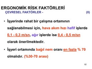 62
• İşyerinde rahat bir çalışma ortamının
sağlanabilmesi için, hava akım hızı hafif işlerde
0,1 - 0,3 m/sn, ağır işlerde ise 0,4 - 0,5 m/sn
olarak önerilmektedir.
• İşyeri ortamında bağıl nem oranı en fazla % 70
olmalıdır. (%30-70 arası)
ERGONOMİK RİSK FAKTÖRLERİ
ÇEVRESEL FAKTÖRLER - Sıcaklık, Nem ve Hava Akımı (II)
 