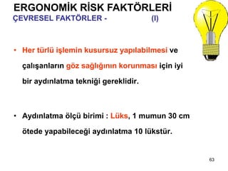 63
• Her türlü işlemin kusursuz yapılabilmesi ve
çalışanların göz sağlığının korunması için iyi
bir aydınlatma tekniği gereklidir.
• Aydınlatma ölçü birimi : Lüks, 1 mumun 30 cm
ötede yapabileceği aydınlatma 10 lükstür.
ERGONOMİK RİSK FAKTÖRLERİ
ÇEVRESEL FAKTÖRLER - Aydınlatma (I)
 