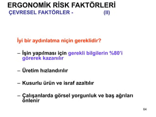 64
İyi bir aydınlatma niçin gereklidir?
– İşin yapılması için gerekli bilgilerin %80’i
görerek kazanılır
– Üretim hızlandırılır
– Kusurlu ürün ve israf azaltılır
– Çalışanlarda görsel yorgunluk ve baş ağrıları
önlenir
ERGONOMİK RİSK FAKTÖRLERİ
ÇEVRESEL FAKTÖRLER - Aydınlatma (II)
 