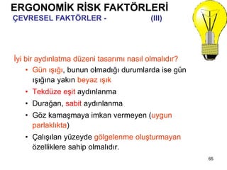65
İyi bir aydınlatma düzeni tasarımı nasıl olmalıdır?
• Gün ışığı, bunun olmadığı durumlarda ise gün
ışığına yakın beyaz ışık
• Tekdüze eşit aydınlanma
• Durağan, sabit aydınlanma
• Göz kamaşmaya imkan vermeyen (uygun
parlaklıkta)
• Çalışılan yüzeyde gölgelenme oluşturmayan
özelliklere sahip olmalıdır.
ERGONOMİK RİSK FAKTÖRLERİ
ÇEVRESEL FAKTÖRLER - Aydınlatma (III)
 