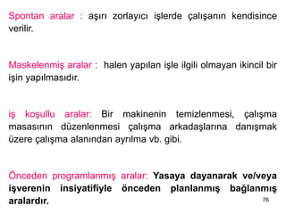 76
Spontan aralar : aşırı zorlayıcı işlerde çalışanın kendisince
verilir.
Maskelenmiş aralar : halen yapılan işle ilgili olmayan ikincil bir
işin yapılmasıdır.
iş koşullu aralar: Bir makinenin temizlenmesi, çalışma
masasının düzenlenmesi çalışma arkadaşlarına danışmak
üzere çalışma alanından ayrılma vb. gibi.
Önceden programlanmış aralar: Yasaya dayanarak ve/veya
işverenin insiyatifiyle önceden planlanmış bağlanmış
aralardır.
 