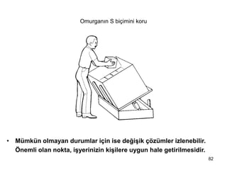 Omurganın S biçimini koru
• Mümkün olmayan durumlar için ise değişik çözümler izlenebilir.
Önemli olan nokta, işyerinizin kişilere uygun hale getirilmesidir.
82
 