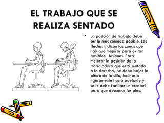EL TRABAJO QUE SE REALIZA SENTADO La posición de trabajo debe ser lo más cómoda posible. Las flechas indican las zonas que hay que mejorar para evitar posibles   lesiones. Para mejorar la posición de la trabajadora que está sentada a la derecha,  se debe bajar la altura de la silla, inclinarla ligeramente hacia adelante y se le debe facilitar un escabel para que descanse los pies. 