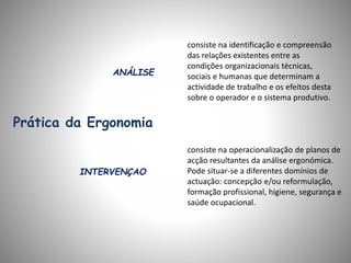 Prática da Ergonomia
INTERVENÇAO
ANÁLISE
consiste na identificação e compreensão
das relações existentes entre as
condições organizacionais técnicas,
sociais e humanas que determinam a
actividade de trabalho e os efeitos desta
sobre o operador e o sistema produtivo.
consiste na operacionalização de planos de
acção resultantes da análise ergonómica.
Pode situar-se a diferentes domínios de
actuação: concepção e/ou reformulação,
formação profissional, higiene, segurança e
saúde ocupacional.
 