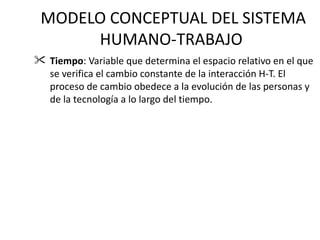 MODELO CONCEPTUAL DEL SISTEMA HUMANO-TRABAJO  Tiempo : Variable que determina el espacio relativo en el que se verifica el cambio constante de la interacción H-T. El proceso de cambio obedece a la evolución de las personas y de la tecnología a lo largo del tiempo. 