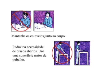 Mantenha os cotovelos junto ao corpo.


Reduzir a necessidade
de braços abertos. Use
uma superfície maior de
trabalho.
 