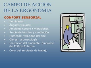 CONFORT SENSORIAL
•   Iluminación
•   Ángulos visuales
•   Ambiente sonoro Y vibraciones
•   Ambiente térmico y ventilación
•   Humedad, velocidad del aire
•   Olores, aromacología
•   Ionización del ambiente: Síndrome
    del Edificio Enfermo
•   Color del ambiente de trabajo
 