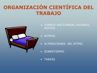 ORGANIZACIÓN CIENTÍFICA DEL
         TRABAJO

           • TURNOS NOCTURNOS, DIURNOS,
             MIXTOS

           • RITMOS

           • ALTERACIONES DEL RITMO

           • SOBRETIEMPO

           • TAREAS
 