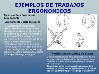 EJEMPLOS DE TRABAJOS
               ERGONOMICOS
Cómo levantar y llevar cargas
correctamente
Levantamiento y porte adecuados
 El levantamiento y el porte son
operaciones físicamente agotadoras, y
el riesgo de accidente es permanente,
en particular de lesión de la espalda y
de los brazos. Para evitarlo, es
importante poder estimar el peso de una
carga, el efecto del nivel de
manipulación y el entorno en que se
levanta. Es preciso conocer también la
manera de elegir un método de trabajo
seguro y de utilizar dispositivos y equipo
que hagan el trabajo más ligero.                  Posición de la espalda y del cuerpo
                                             El objeto debe levantarse cerca del cuerpo, pues de otro
                                             modo los músculos de la espalda y los ligamentos están
                                             sometidos a tensión, y aumenta la presión de los discos
                                             intervertebrales.
                                             Deben tensarse los músculos del estómago y de la
                                             espalda, de manera que ésta permanezca en la misma
                                             posición durante toda la operación de levantamiento.
 