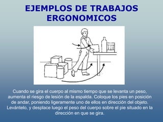 EJEMPLOS DE TRABAJOS
             ERGONOMICOS




   Cuando se gira el cuerpo al mismo tiempo que se levanta un peso,
aumenta el riesgo de lesión de la espalda. Coloque los pies en posición
  de andar, poniendo ligeramente uno de ellos en dirección del objeto.
Levántelo, y desplace luego el peso del cuerpo sobre el pie situado en la
                        dirección en que se gira.
 