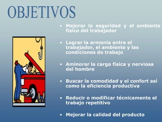 • Mejorar la seguridad y el ambiente
  físico del trabajador

• Lograr la armonía entre el
  trabajador, el ambiente y las
  condiciones de trabajo

• Aminorar la carga física y nerviosa
  del hombre

• Buscar la comodidad y el confort así
  como la eficiencia productiva

• Reducir o modificar técnicamente el
  trabajo repetitivo

• Mejorar la calidad del producto
 