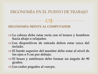 ERGONOMÍA EN EL PUESTO DE TRABAJO

                        
ERGONOMÍA FRENTE AL COMPUTADOR

 La cabeza debe estar recta con el tronco y hombros
  hacia abajo o relajados.
 Los dispositivos de entrada deben estar cerca del
  teclado.
 El borde superior del monitor debe estar al nivel de
  los ojos o 5 cm por debajo.
 El brazo y antebrazo debe formar un ángulo de 90
  grados.
 Los codos pegados al cuerpo.
 