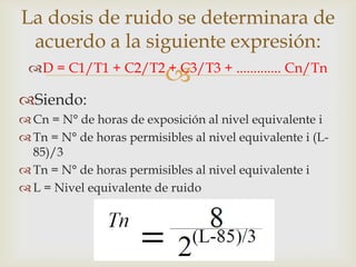 La dosis de ruido se determinara de
 acuerdo a la siguiente expresión:
                          
 D = C1/T1 + C2/T2 + C3/T3 + ............. Cn/Tn

Siendo:
 Cn = N° de horas de exposición al nivel equivalente i
 Tn = N° de horas permisibles al nivel equivalente i (L-
  85)/3
 Tn = N° de horas permisibles al nivel equivalente i
 L = Nivel equivalente de ruido
 