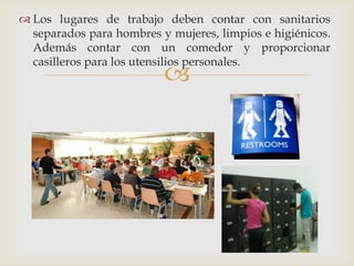  Los lugares de trabajo deben contar con sanitarios
  separados para hombres y mujeres, limpios e higiénicos.
  Además contar con un comedor y proporcionar
  casilleros para los utensilios personales.
                          
 