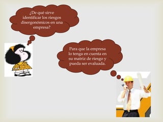 ¿De qué sirve
 identificar los riesgos
disergonómicos en una
       empresa?




                            Para que la empresa
                           lo tenga en cuenta en
                           su matriz de riesgo y
                            pueda ser evaluada.
 